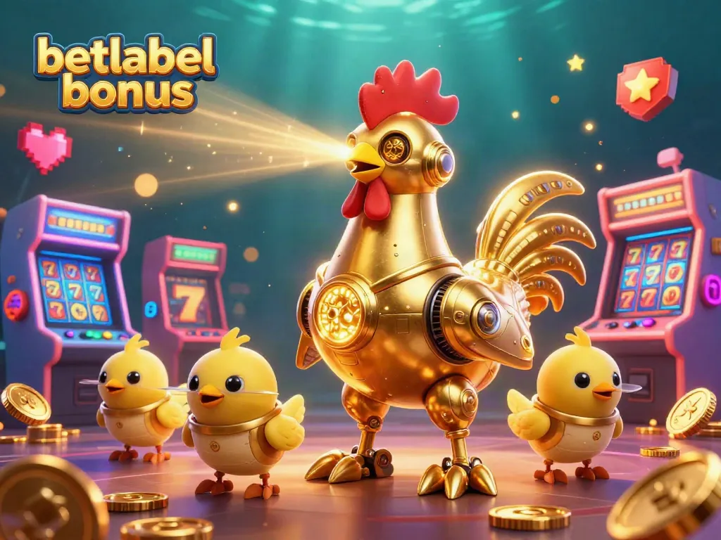 Experience the excitement of the betlabel bonus with a lively casino-themed 3D illustration featuring golden robots and dynamic game elements.