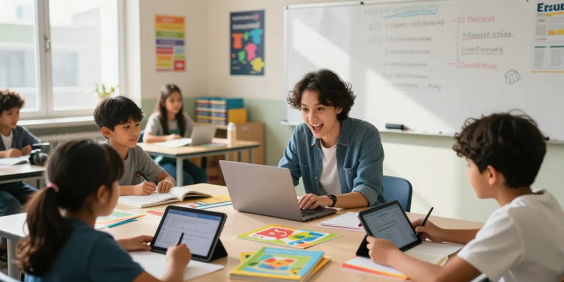 Teacher using EMStudio online teacher planner in a vibrant classroom setting, enhancing classroom management and student engagement.