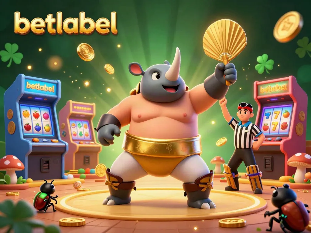 Engage in the vibrant world of betlabel with a stunning sumo beetle champion amidst flying coins and dynamic gaming elements.