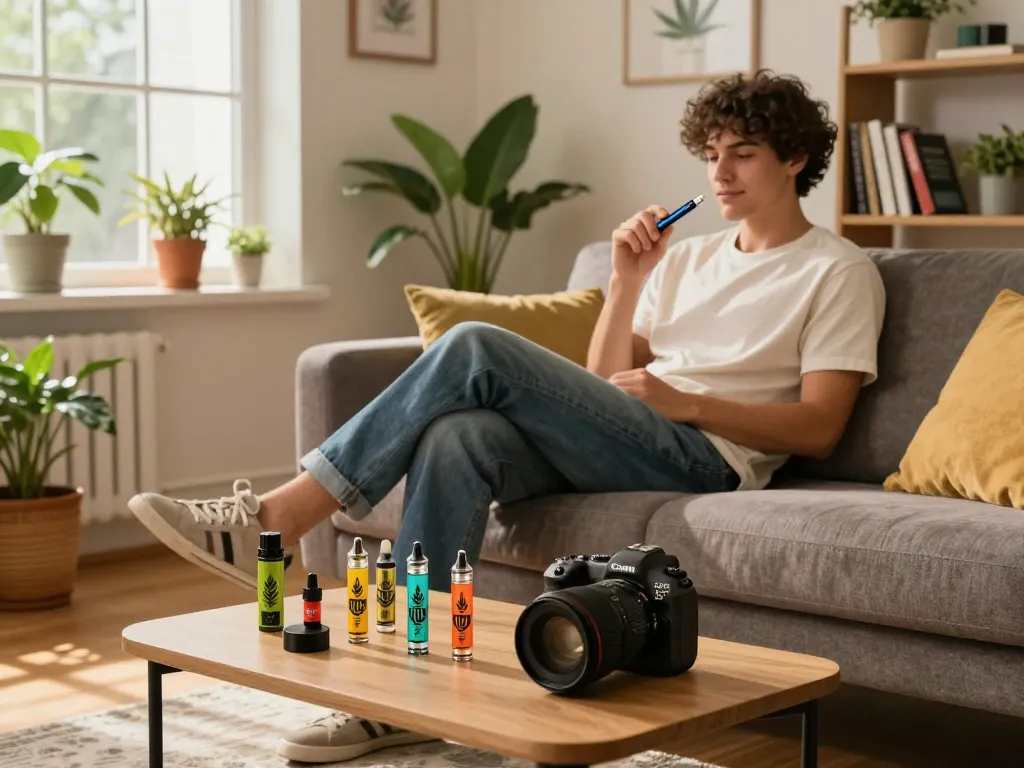Un giovane adulto che si gode una sessione di penna vape THC in un appartamento accogliente con decorazioni eleganti e cartucce vape THC.