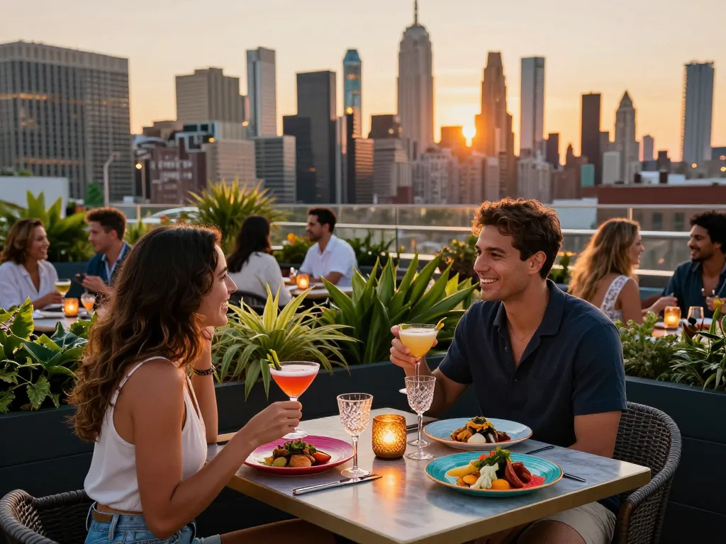 Couple sipping cocktails at NoHu Rooftop Bar with Manhattan skyline at sunset.