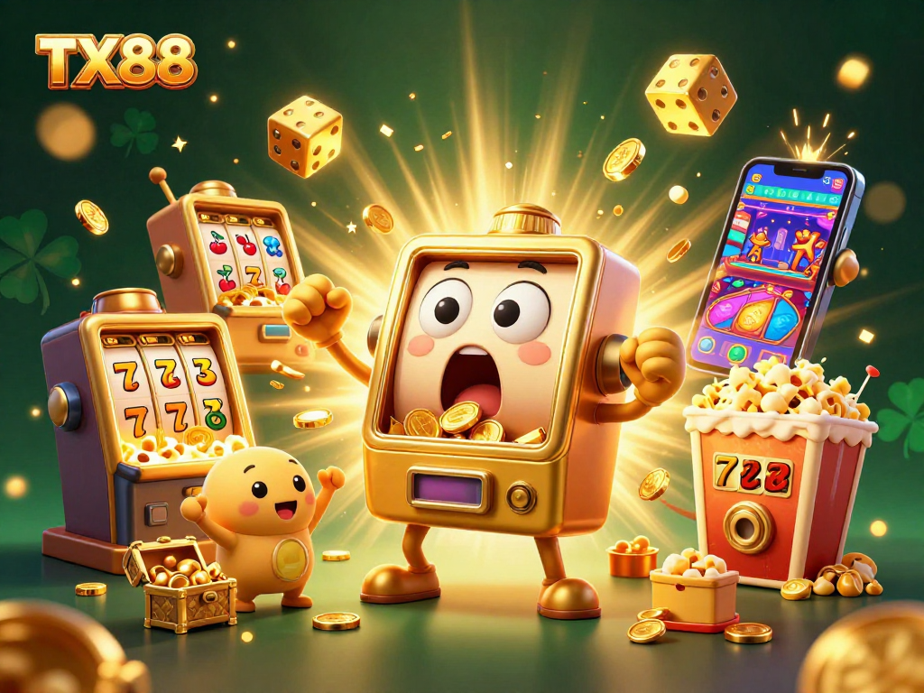 TX88 jackpot celebration with animated slot machines and golden coins spilling out, vibrant casino scene.