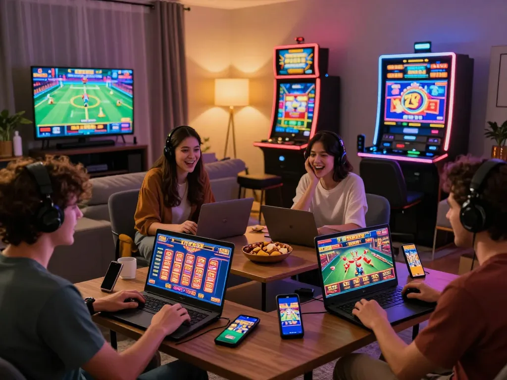 Friends enjoying TT88 online gaming with laptops and snacks in a cozy setting