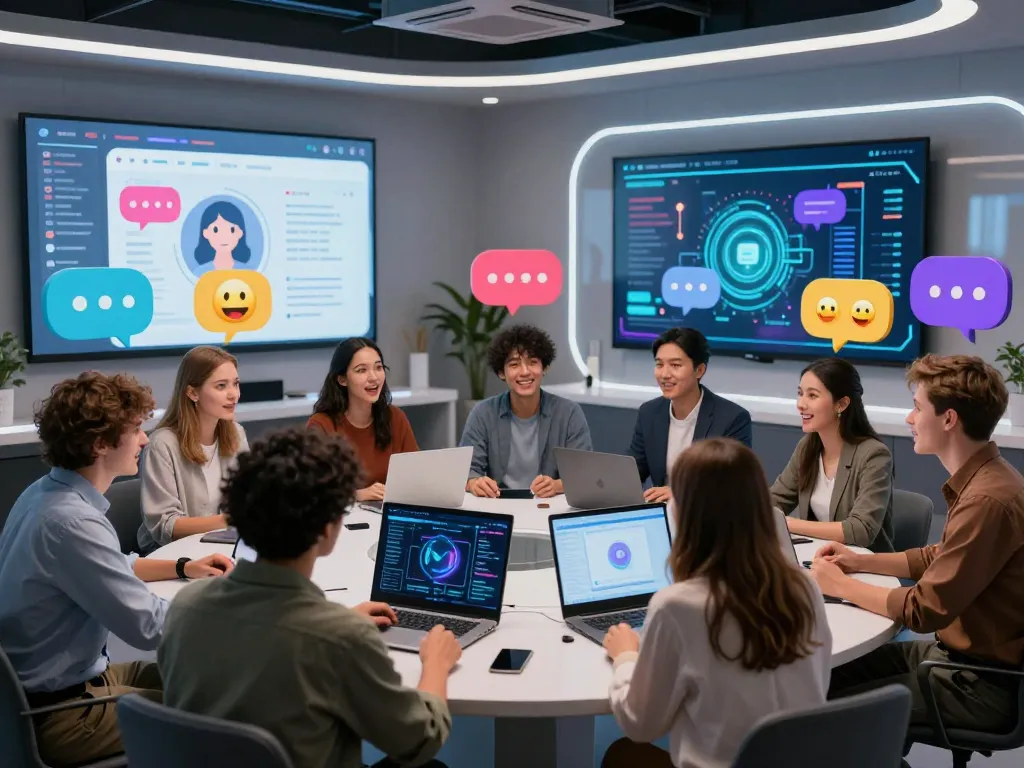 Engaging discussion on sex ai chat in a modern digital environment with diverse avatars and interactive screens.