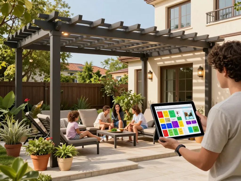 Configuratore pergole con preventivo, famiglia che si gode il patio esterno progettato con una moderna pergola bioclimatica.