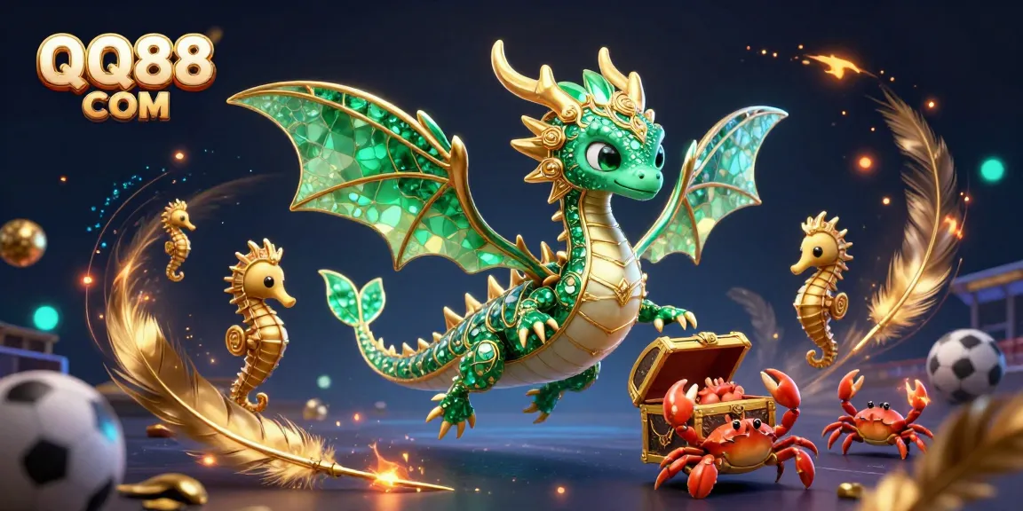 Engage with QQ88 COM's dynamic gaming scene featuring a majestic sea dragon and sports elements.