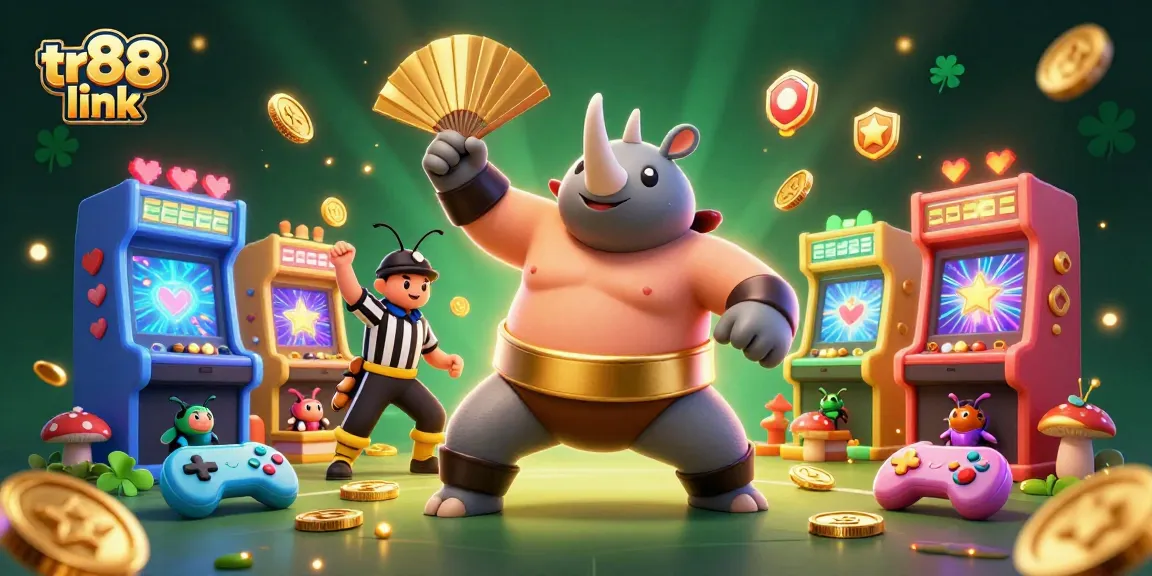 Experience exciting gaming action with the tr88 link featuring a sumo beetle champion and casino elements.