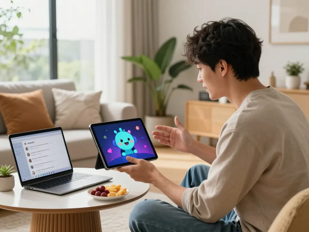 User using CrushonAI on a tablet in a modern living room, showcasing vibrant AI character interaction.