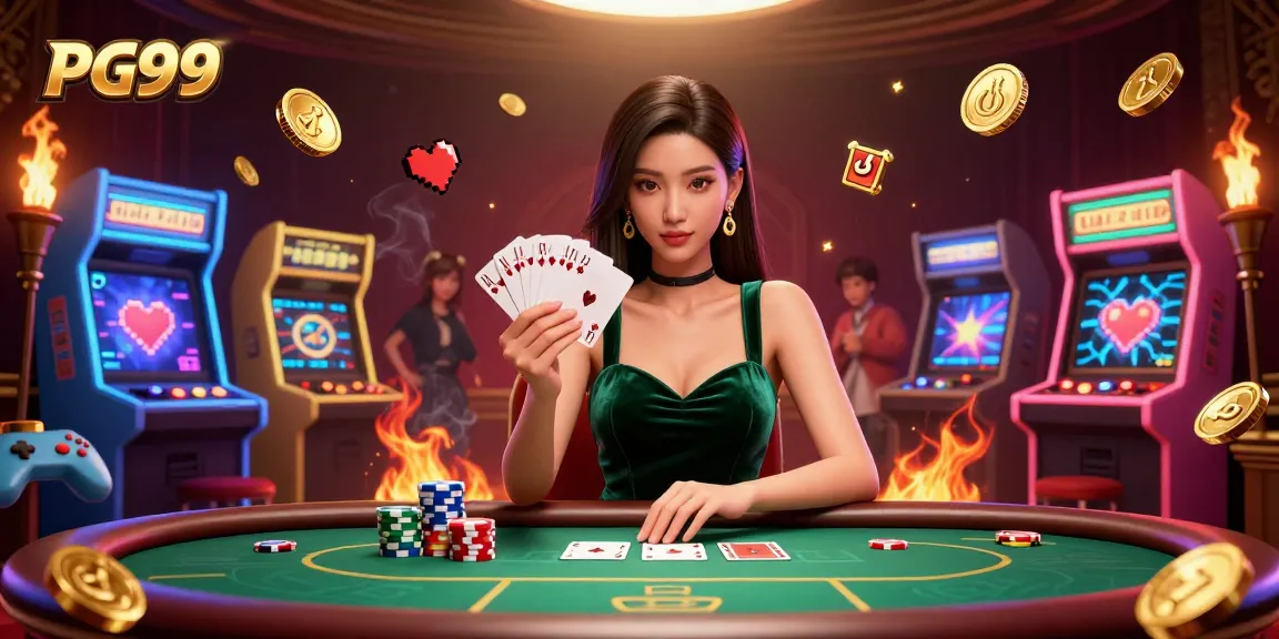 Experience the thrill of winning at PG99 with a poker expert surrounded by vibrant gaming elements.