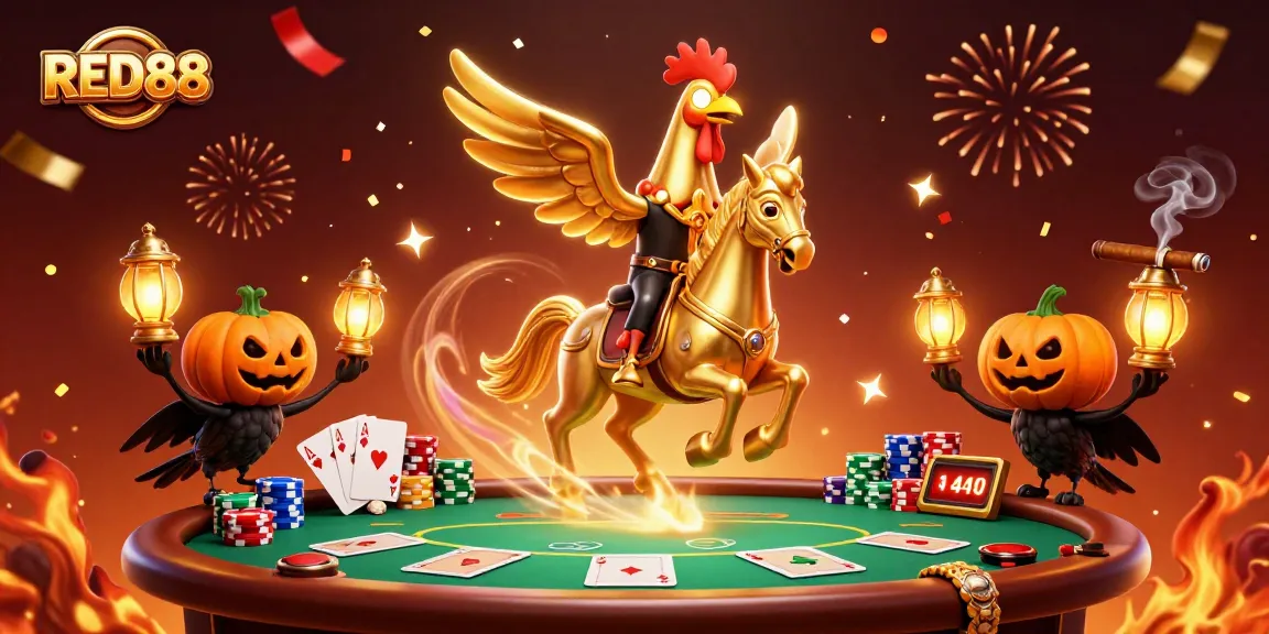 Experience the thrill of RED88 casino gaming with a magical 3D rooster and companions.