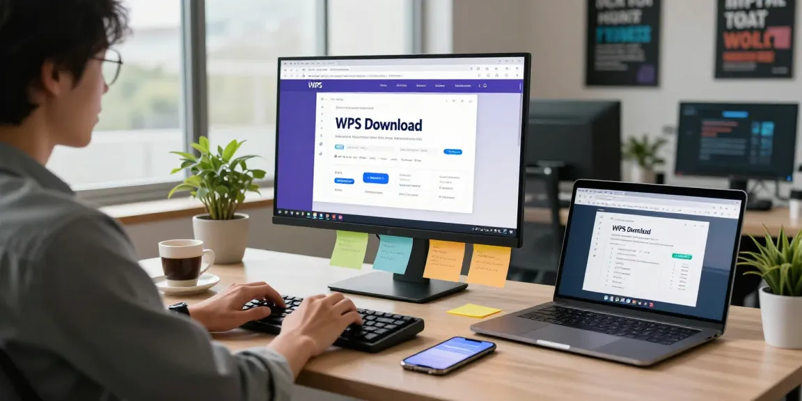 WPS Download page displayed on a high-resolution monitor in a vibrant office workspace.