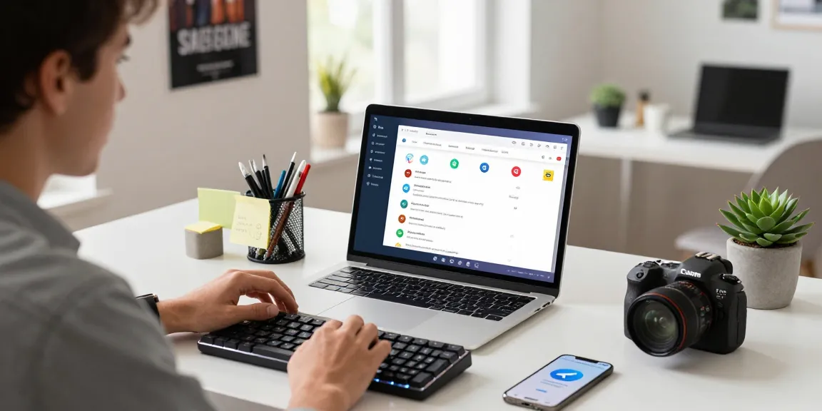 Engaged professional using Telegram web version on a sleek laptop in a modern home office setting.
