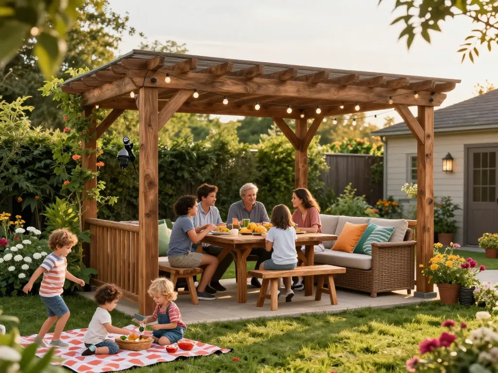 3D pergola in a backyard with family dining under warm string lights.