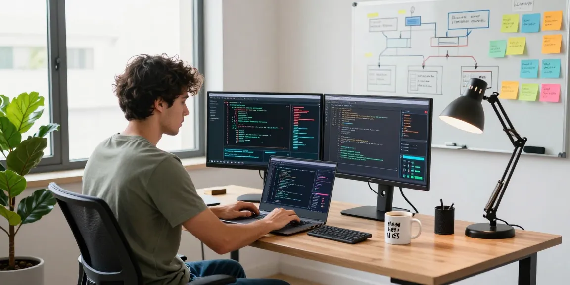 Dynamic workspace where a developer engages in spicy AI coding with dual monitors and creative project planning.