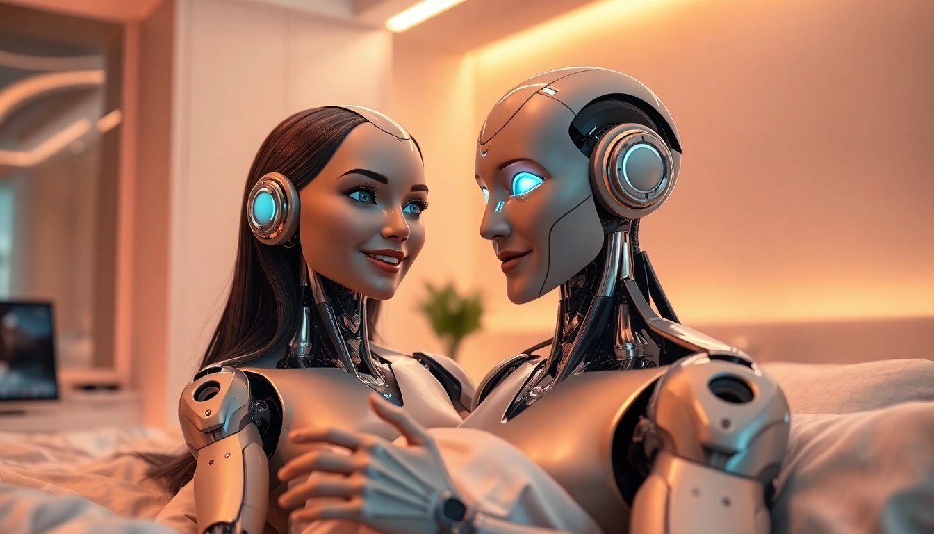 A friendly sex bot interacting in a modern bedroom environment, embodying innovation and intimacy.