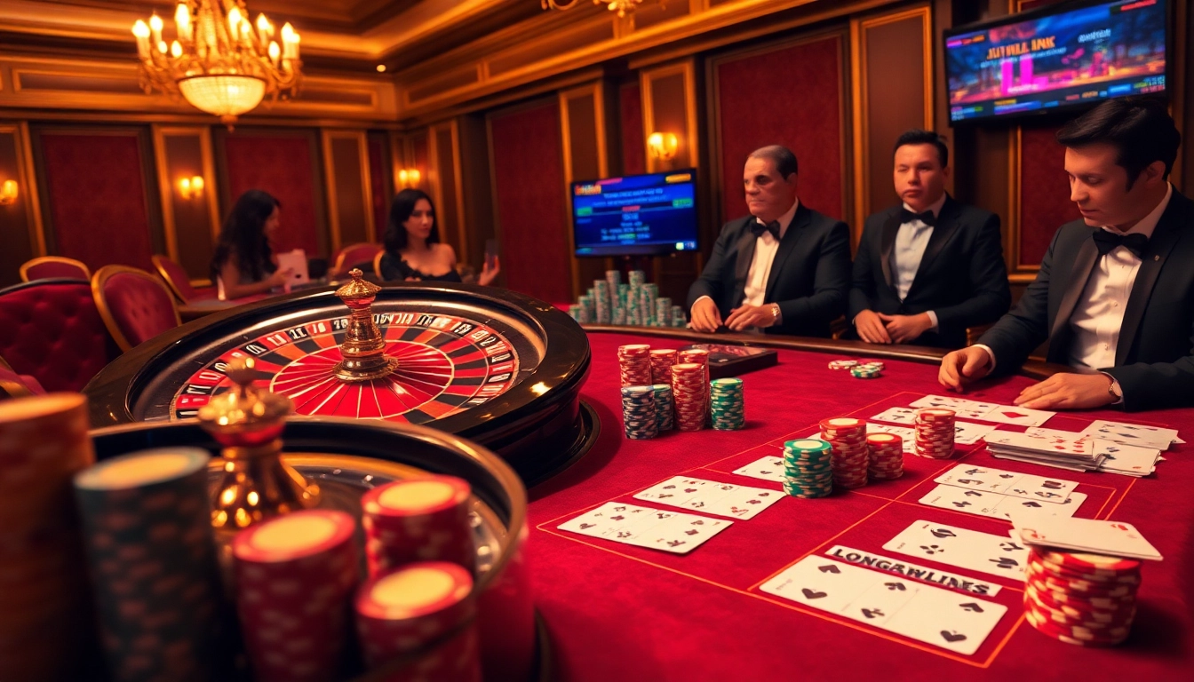 Exciting casino scene displaying JUMLAH BACKLINK with poker chips, cards, and a roulette wheel.