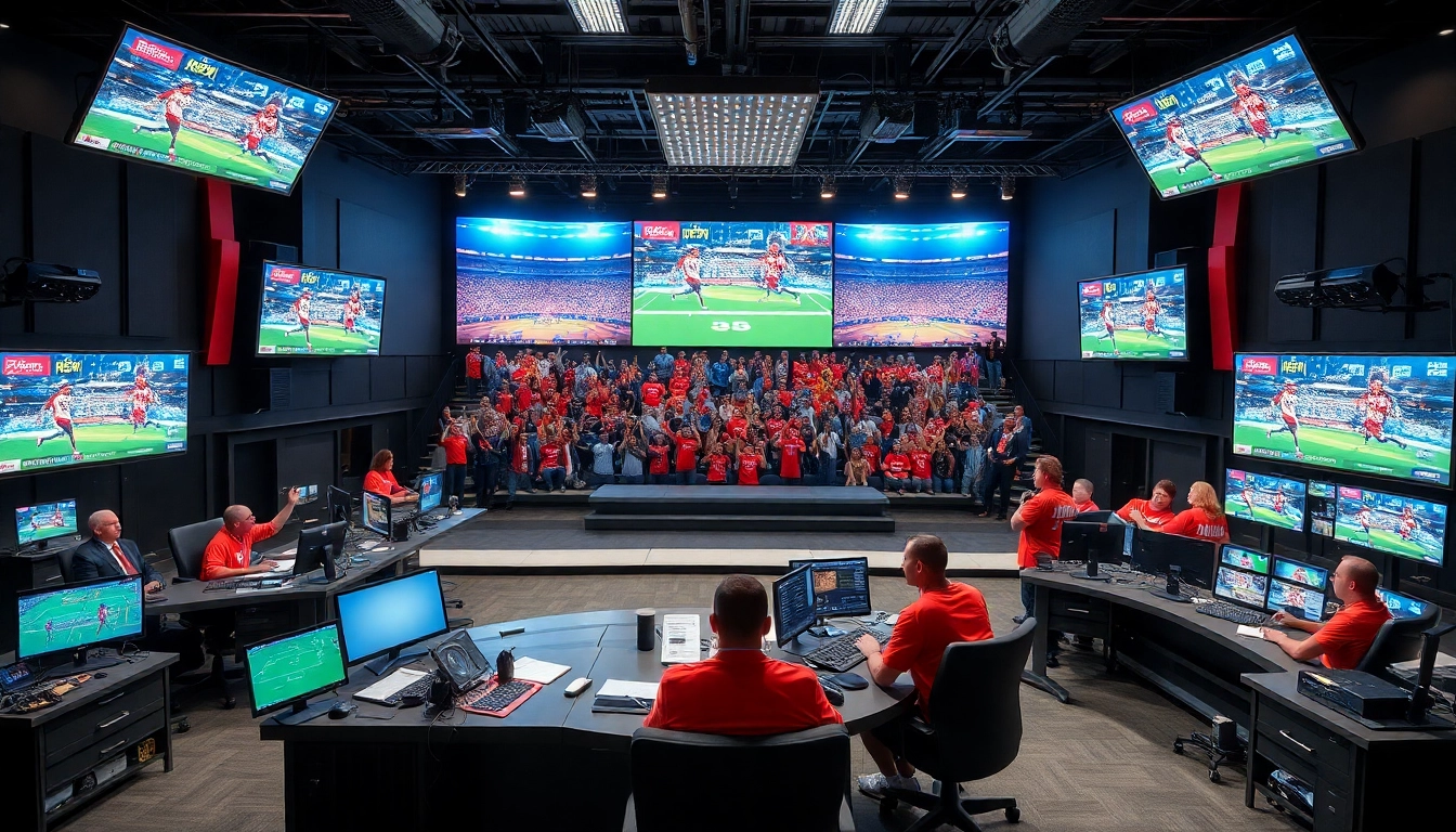 Engaging scene of sports broadcasting with dynamic hosts discussing live events.