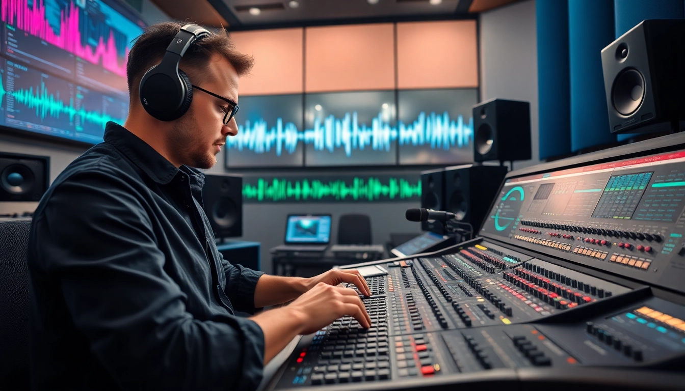 Engineer's workspace for online audio mastering in a modern recording studio.