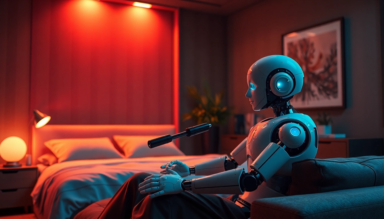 Engaging interaction with a lifelike sex bot in a cozy modern bedroom.