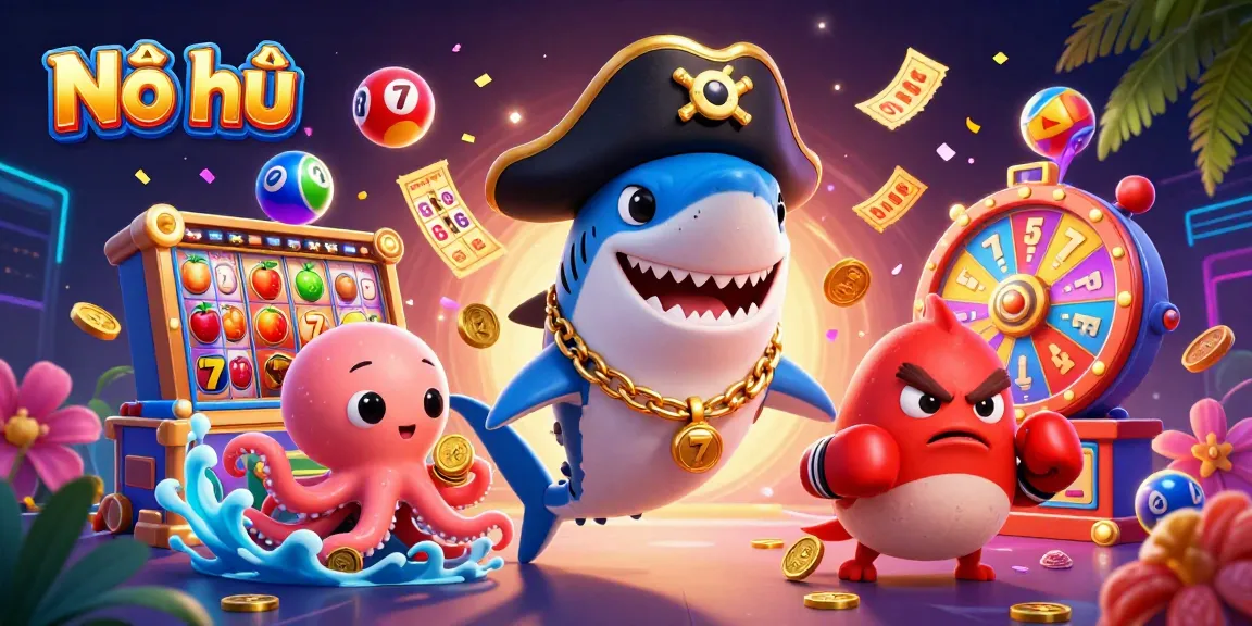 Nổ hũ engaging gameplay with vibrant slot reels, dynamic characters, and exciting elements in a lively scene.