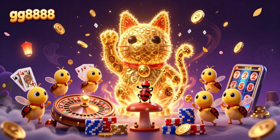 Experience the excitement at gg8888 with a vibrant animation of a golden lucky cat, cascading coins, and dynamic casino symbols.